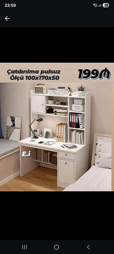 Ev və bağ: Rəfli iş/stol dəsti – ağ rəngdə funksional dizayn. Ölçü: 100x170x50 — 1