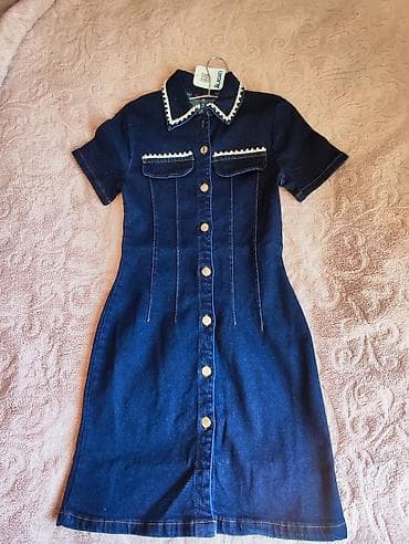 Личные вещи: Denim paltar - Tünd mavi rəngdə, qısaqollu dizayna malikdir - Ön — 1