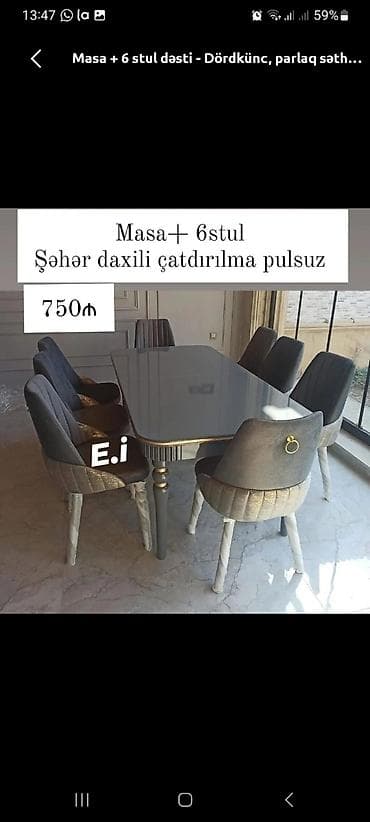 stol ustul: Masa + 6 stul dəsti - Dördkünc, parlaq səthli yemək masası - Zərif — 1