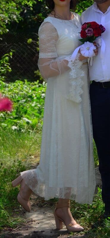 ağ don: Zərif ağ rəngli ziyafət/nişan/libas. - Model: midi uzunluqda, A-kəsim — 3