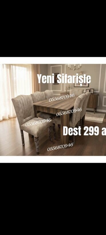 6 stul: Qonaq otağı üçün, Yeni, Açılmayan, Dördbucaq masa, 6 stul — 2