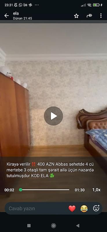 gen: Kirayə mənzil – Azərtifaq, 5/4 mərtəbə, 3 otaqlı Qiymət: 400 AZN — 2