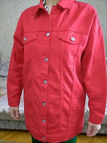 Qadın üçün uzun denim gödəkcə – qırmızı - Klassik cins gödəkcə