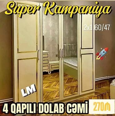 4 qapılı, Güzgülü, Bej, Açılan, Düz dolab