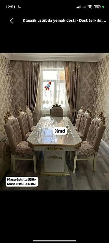 Qonaq otağı üçün, Yeni, Dördbucaq masa, 6 stul — 1