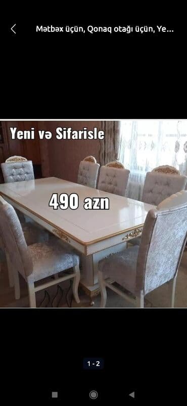 metbex masası: Qonaq otağı üçün, Yeni, Açılmayan, Dördbucaq masa, 6 stul — 6