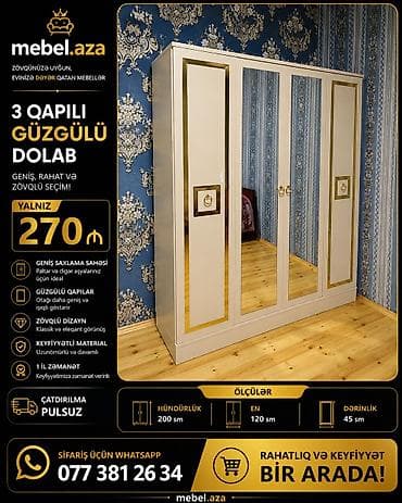 ucuz dolap: Yeni, 3 qapılı, Güzgülü, Bej, Açılan, Düz dolab — 1