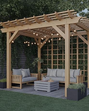 xalca sekilleri: Bağ üçün taxta pergola – dekorativ işıqlandırmalı, teraslı Məhsul — 4