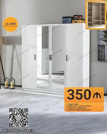 qardırob: 4 qapılı, Güzgülü, Ağ, Açılan, Düz dolab — 1