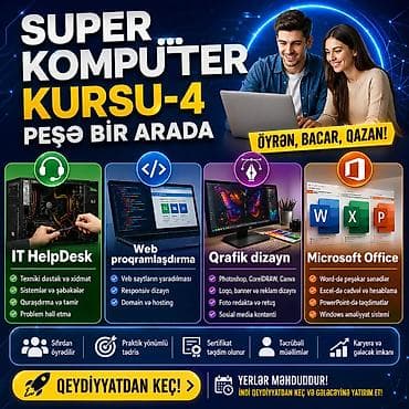 Kompüter kursu: Microsoft Office, Adobe Photoshop, Corel Draw, Əyani, Fərdi, Qrup
