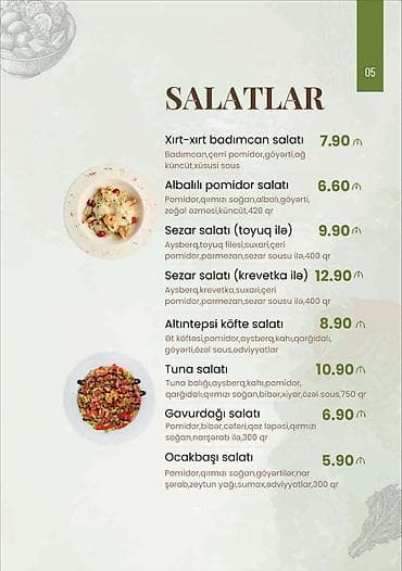 tibet məhsulları: Menyu: Salatlar - Xırt-xırt badımcan salatı – 7.90 ₼ Tərkibi — 1