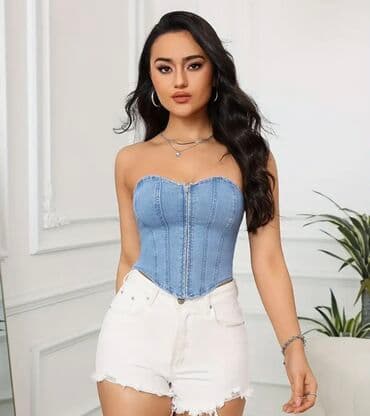 женские футболки и майки в полоску: Mavi rəngdə, büstiyer üslubunda, qabaqdan zəncirbəndli, cins — 4