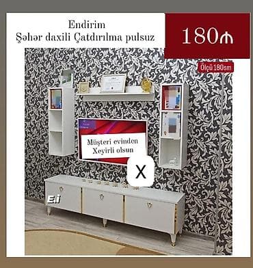 tv 43: TV stendi və asma divar modulları dəsti - Ölçü: 180 sm - Rəng: ağ — 1