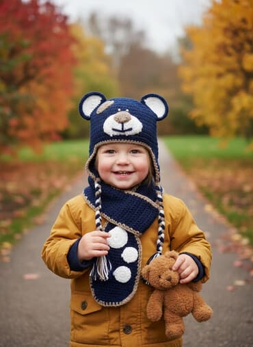 детская осенняя одежда: Uşaq üçün əl işı toxunma dəst – papaq və şarf. - Dizayn: Ayı fiqurlu — 1