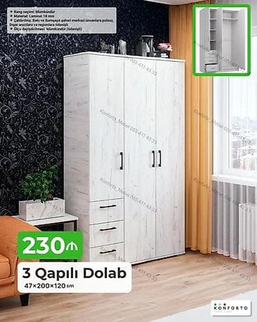3 qapılı paltar dolabı – 47×200×120 sm - Material: 18 mm laminat -
