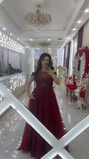 Bordo rəngli ziyafət/gecə geyimi - Model: A-kəsimli uzun paltar - — 2