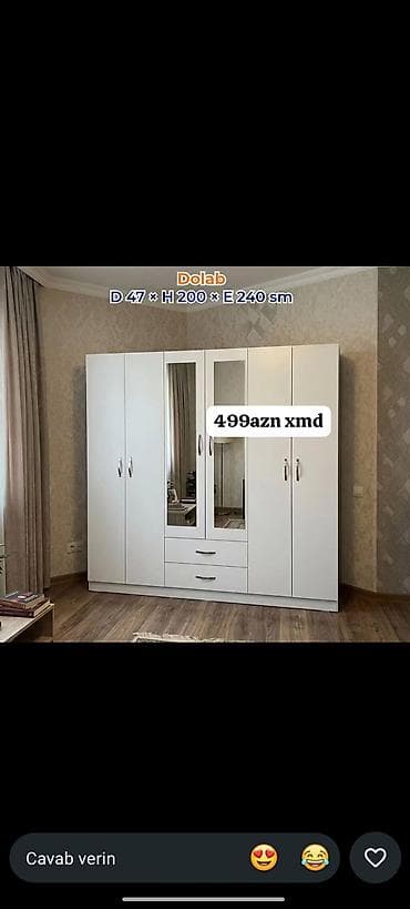 Yeni, 5 qapı, Güzgülü, Ağ, Açılan, Düz dolab