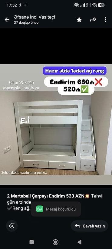 laminant: *2 Mərtəbəli Çarpayı Endirim 520 AZN💥* Təhvil gün ərzində ✔️Rəng ağ — 1