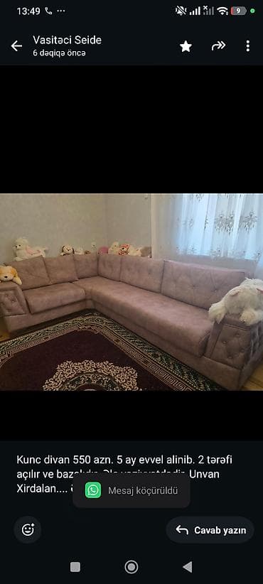 Kunc divan 550 azn. 5 ay evvel alinib. 2 tərəfi açılır ve bazalıdır
