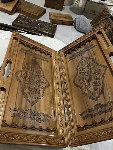 vagonka taxta: Oyma naxışlı taxta tavla dəsti - Material: bərk ağac (tam taxta — 2