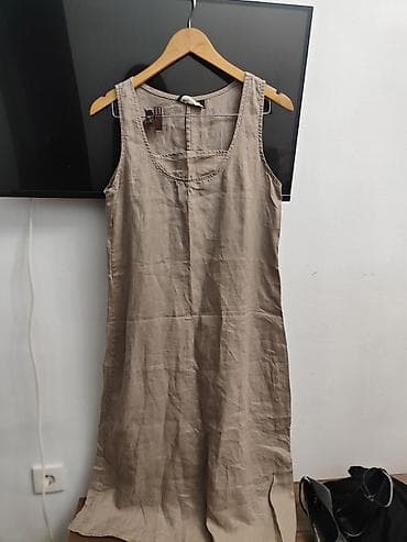 kətan paltar: Bej rəngli kətan qolsuz paltar - Material: təbii kətan parça — 1