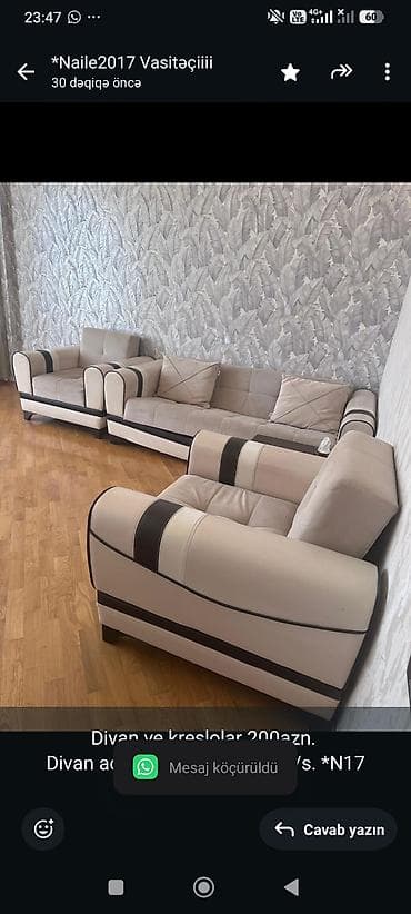 Divan ve kreslolar 200azn. 
Divan acilir. Unvan Azadliq m/s. *N17