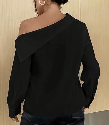 Digər qadın geyimləri: Qara qeyri-simmetrik bluz - Dizayn: Tək çiyin açıq, diaqonal yaxa — 4
