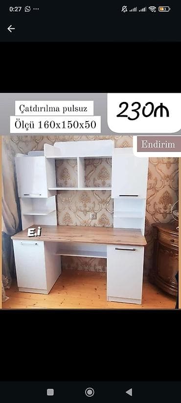 dolab ofis: Masa-stellaj dəsti - Ölçü: 160 x 150 x 50 sm - Rəng: ağ korpus, taxta — 1