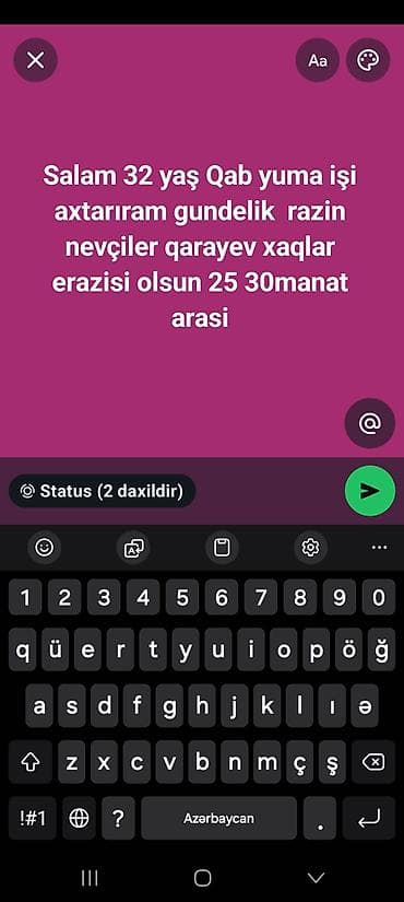 ev temizliyi: Xidmət: Qab yuma işi (gündəlik) - Yaş: 32 - Axtarılan iş növü — 1