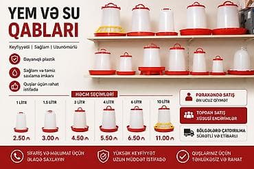 Heyvanlar üçün mallar: 🐔 Toyuq, cücə və göyərçinlər üçün yem və su qabları satılır 📦 Su — 1