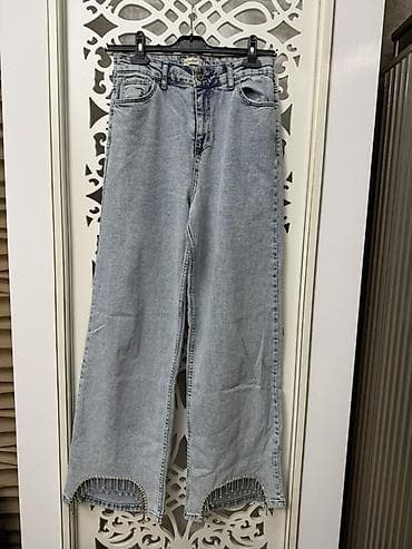 cins sumka: Geniş kəsimli açıq boz rəngli cins şalvar - Model: wide-leg (palazzo — 1