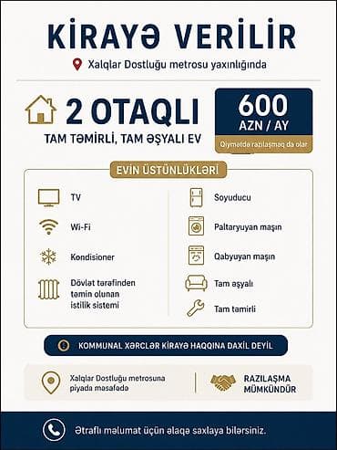 ecemide kiraye evler 2022: Kirayə verilir: Xalqlar Dostluğu metrosu yaxınlığında 2 otaqlı, tam — 1