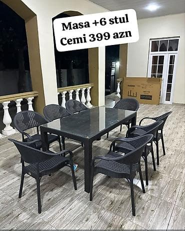 Yeni, Dördbucaq masa, 6 stul, Qatlanan, Stullar ilə, Həsir toxunuşlu, Azərbaycan