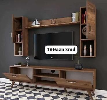 TV stendi və divar rəfləri dəsti - Material: taxta görünümlü