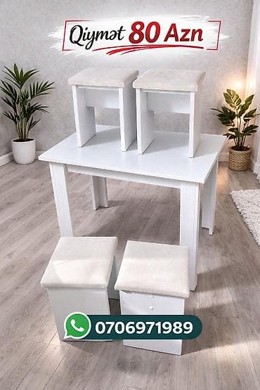 komputer masalari: Mətbəx üçün kompakt masa və 4 taburet dəsti - Rəng: ağ - Dəst — 2