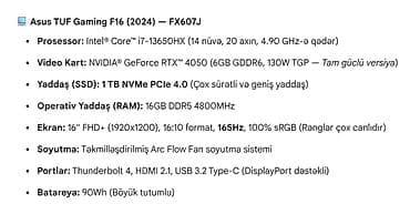 asus m413d: ASUS TUF Gaming F16 (FX607) noutbuku Texniki xüsusiyyətlər: - Ekran — 5