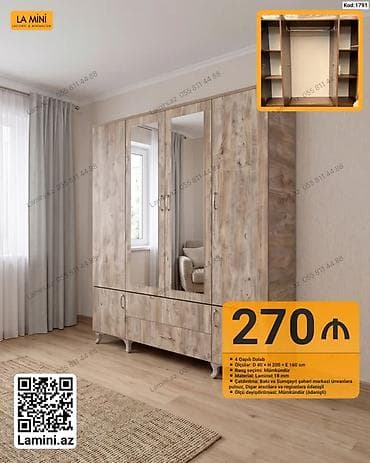 4 qapılı paltar dolabı – Kod: 1791 - Ölçülər: D 40 x H 200 x E 160 sm — 1