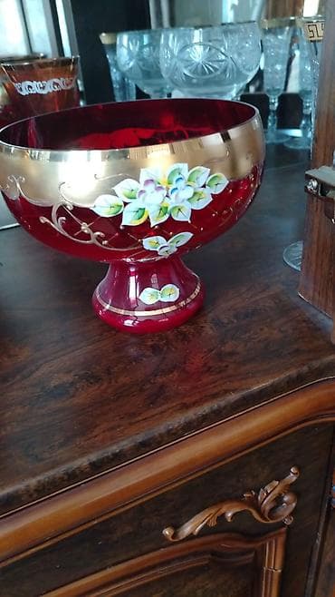 bezek bitkileri: Qırmızı şüşə dekorativ meyvə/qənnadı kasası - Material: qalın rəngli — 1