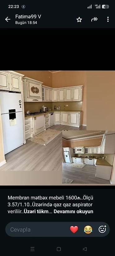 Membran mətbəx mebeli 1600₼. Ölçü 3.57/1.10. Üzərində qaz qaz