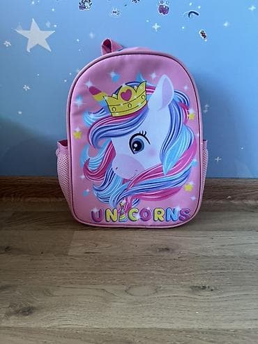 mekteb canta: Uşaq üçün çanta – Unicorns dizaynlı, çəhrayı rəng preschool ucun - Ön — 1