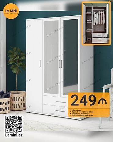 3 qapılı, Siyirməli, Ağ, Açılan, Düz dolab