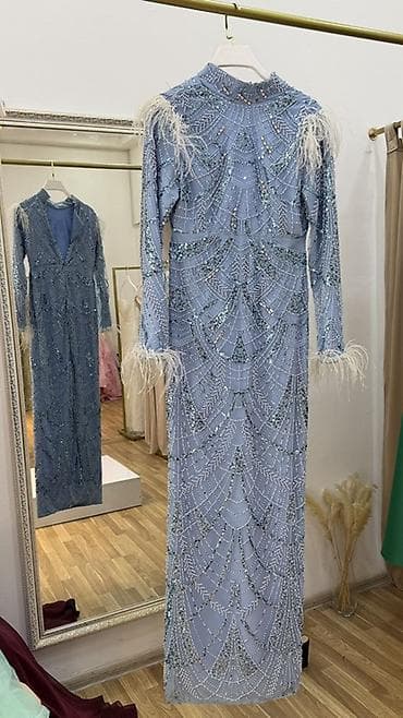 be: Məhsul: Zərli ziyafət donu - Rəng: Buz-mavi - Siluet: Bədənə oturan — 2