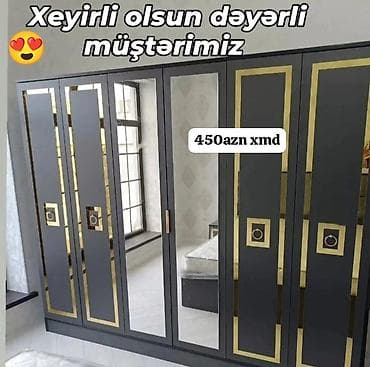 Yeni, 6 qapı, Güzgülü, Digər rəng, Digər material, Açılan, Düz dolab