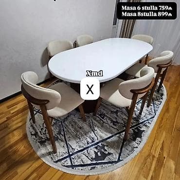 balkon stul: Ağ oval yemək masası dəsti. - Masa: parlaq ağ səth, oval forma — 1