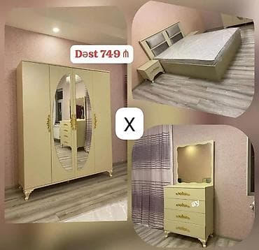 panel aboylar: Yataq otağı mebel dəsti – klassik bej rəngdə, zərif qızılı detallarla — 1