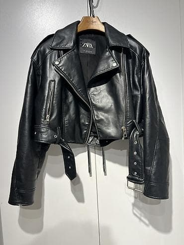 qara jaket: ZARA Vintage qara dəri görünümlü biker üslubunda qısa gödəkcə. 189 — 6