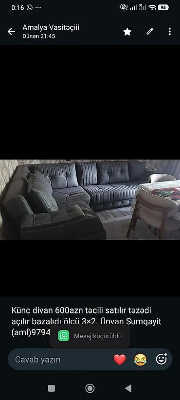 Künc divan 600azn təcili satılır təzədi açılır bazalıdı ölçü 3×2