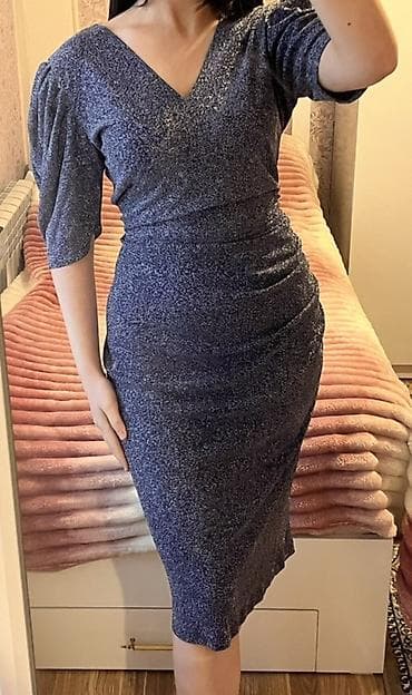 palto qadın üçün: Qadın paltarı – 2 model 1) Parıltılı tünd mavi midi don - Parça — 3