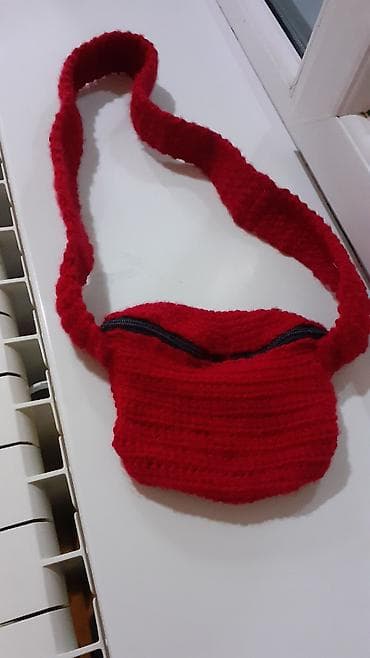 Qırmızı rəngli əl işi çiyin çantası - Material: qalın ipliklə