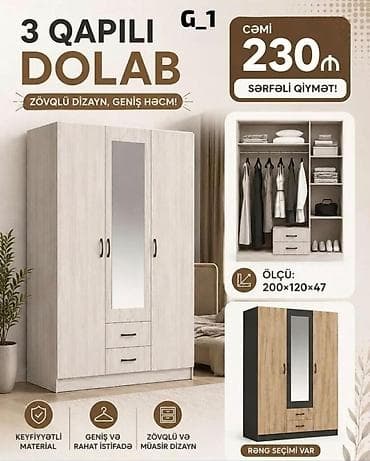 paltar dolab: 3 qapılı geyim dolabı - Ölçü: 200 × 120 × 47 sm - Zövqlü və müasir — 1